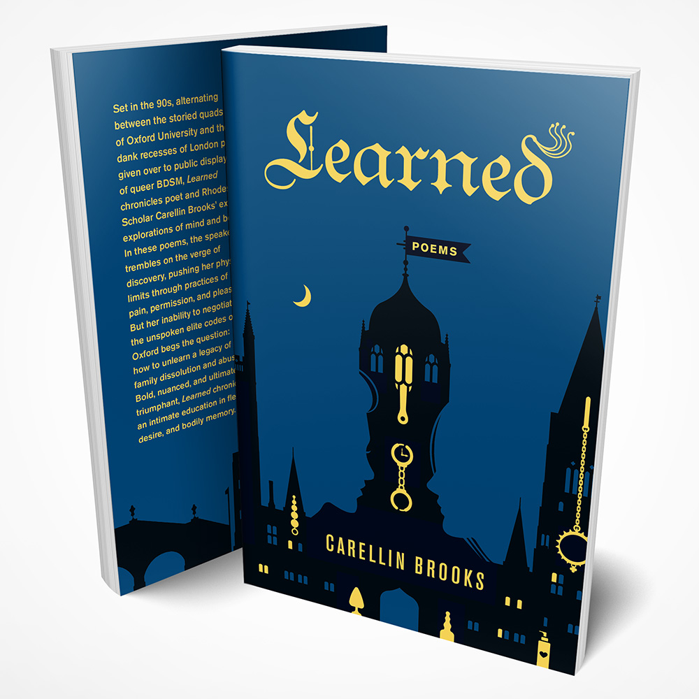 Cover of the book Learned, showing the Oxford skyline with two female faces in silhouettes formed by a tower and sex toys as windows.