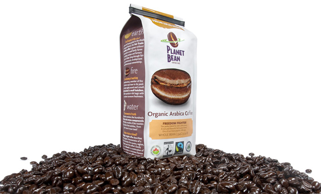 Planet Bean coffee package showing a large bean with white background.